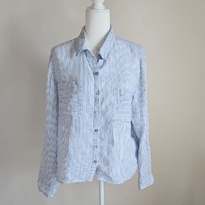 Rachel Zoe LG Blouse Button Up Linen Blue White Stripe Pockets Coastal Casual